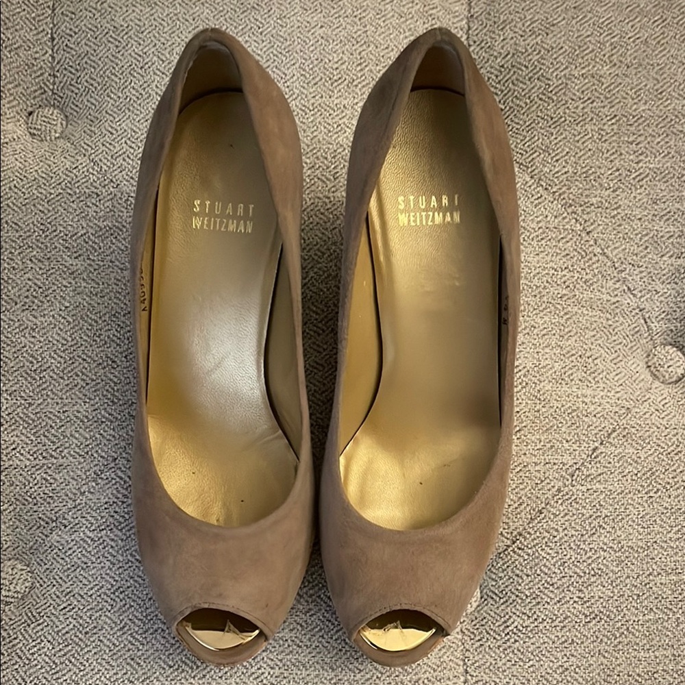 Stuart Weitzman Brown Suede Heels with Peep Toe